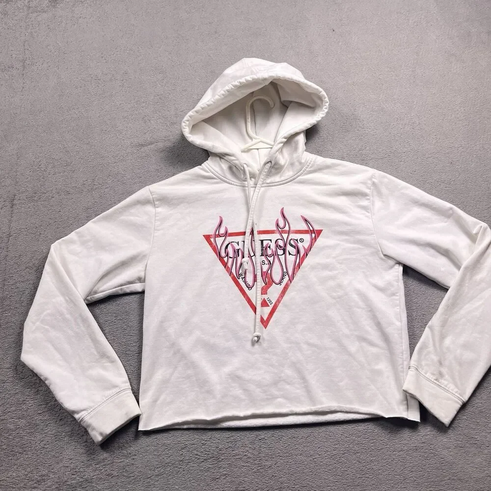 GUESS Cropped Hoodie Womens XS White Pink Flame Logo Y2K Streetwear Raw Hem